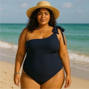 J. Crew Navy Blue Bow One Shoulder One Piece Swim Women 24 Asymmetrical BF170